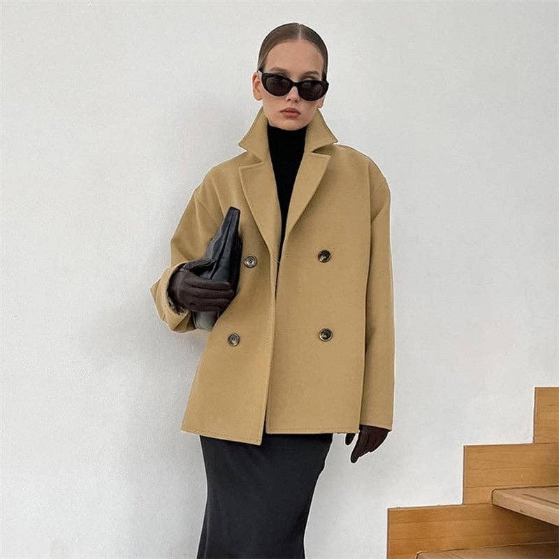 Brown Long Loose Thick Double Breasted Wool Coat for wholesale on Faire0