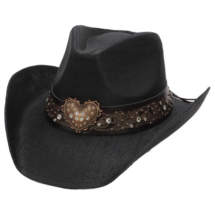Cap Zone - Wholesale Cowboy Hat - Unisex - Heart Bling Rhinestone Belt Ombre Straw Cowboy Hat13