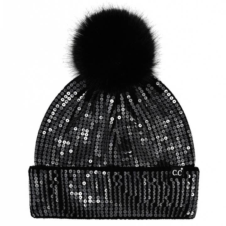 Fashion City - Wholesale Beanie - Women's - Clear Sequined Cuff Beanie with Pom Pom2