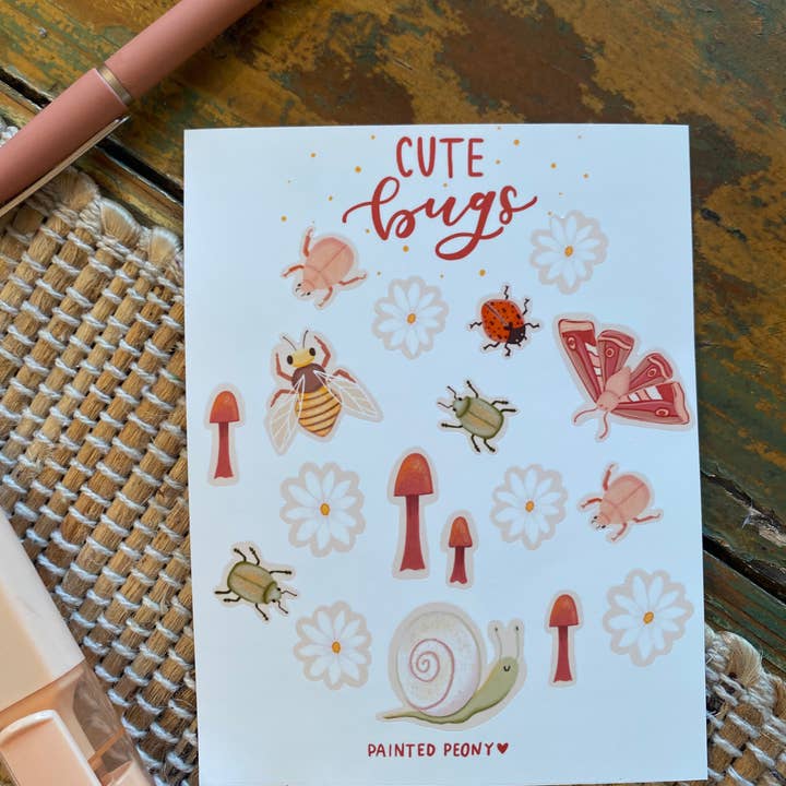 Aufkleberblatt mit niedlichen Käfern für den Großhandel von Painted Peony Art