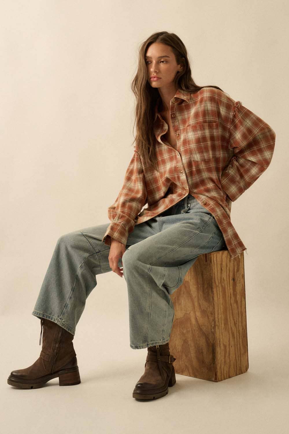 Promesa USA - Wholesale Button Down Shirt - Women's - Plaid Flannel Oversized Raw-Edge Pocket Shirt22