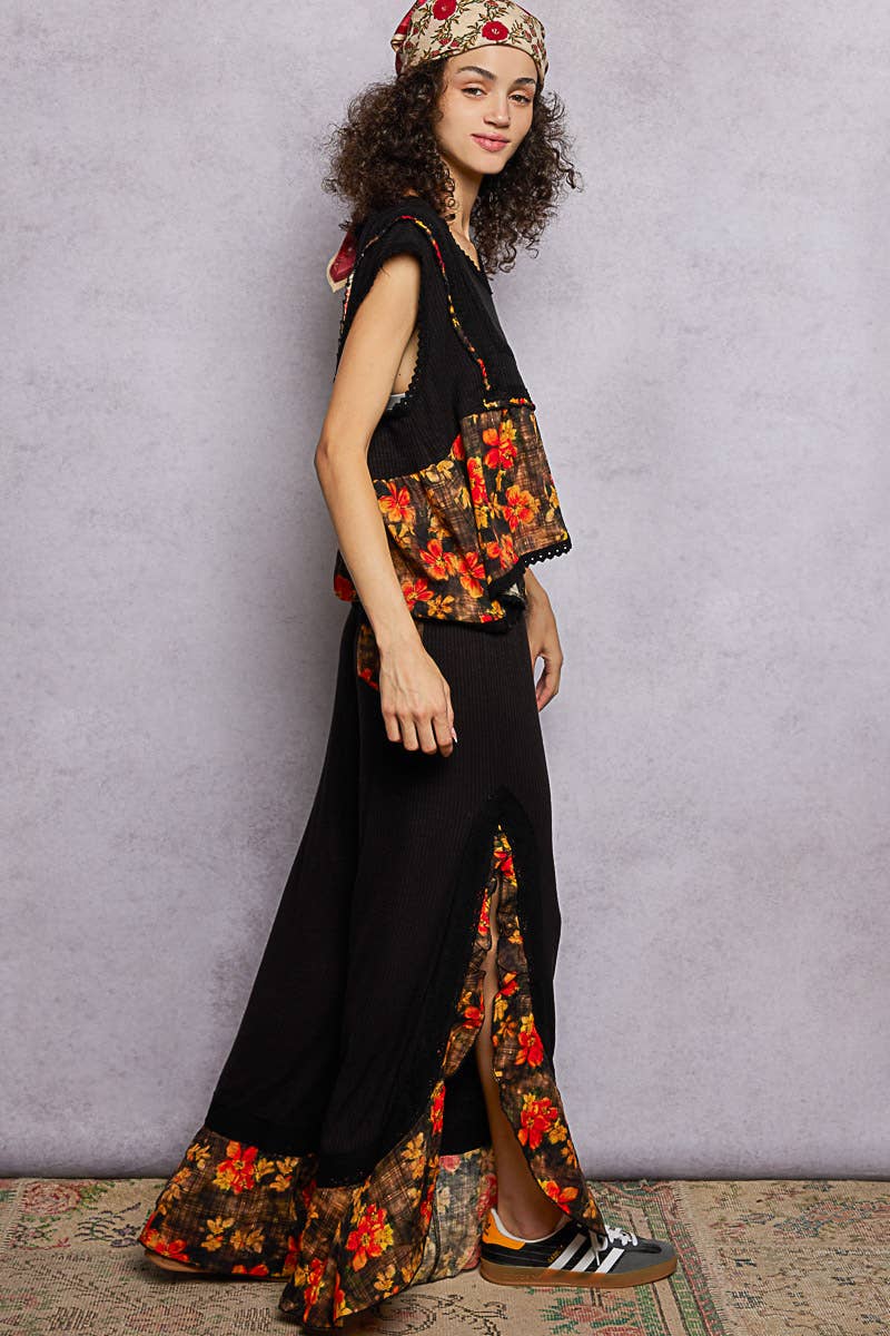 Pol Clothing - Wholesale Pants - Women's - Floral Pattern Ruffle Detail Ribbed Knit Pants11