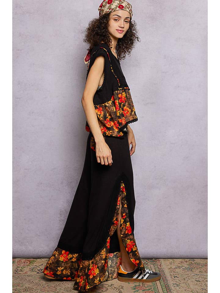 Pol Clothing - Wholesale Pants - Women's - Floral Pattern Ruffle Detail Ribbed Knit Pants11