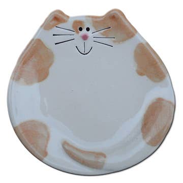 Plat pour chat en céramique de 5 po : taches blanches et oranges pour la vente par August Ceramics