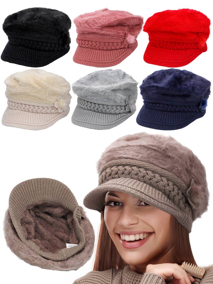 Vegan Angora Fur Flower Knitted Fiddler Cap for wholesale by Cap Zone