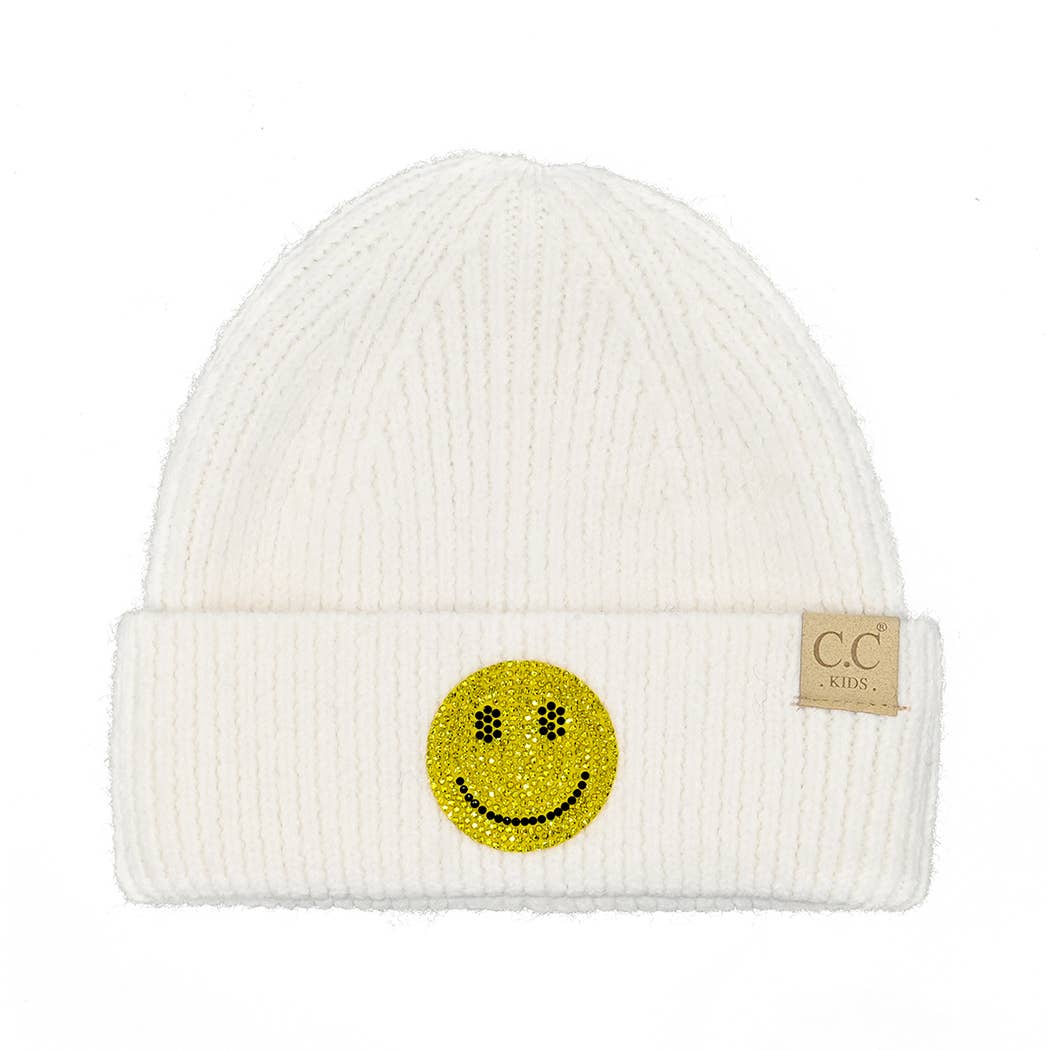 Fashion City - Wholesale Beanie - Kinderen - Happy Face muts met strass patch en manchet voor kinderen0