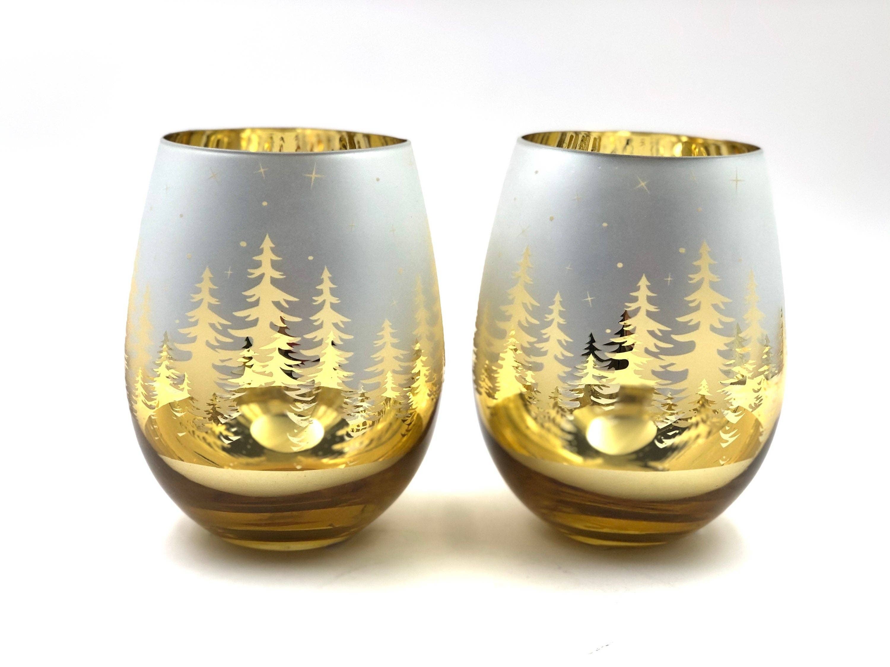 Jersey Art Glass - Wholesale Wine Glass - Gold Christmas Stemless Wine (Set of 2)1