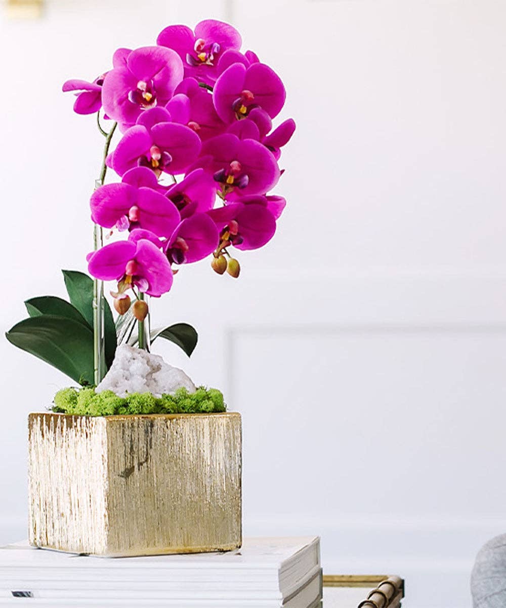 T&C Floral Company - Wholesale Artificial Flowers - Double Orchid in Gold Square - FU1