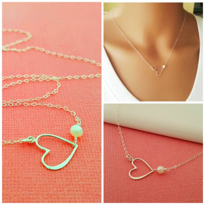 Sideways Heart Necklace - Freshwater Pearl Sterling Silver Necklace - Dainty Necklace - Valentines Necklace - Heart Jewelry - Gift for Her for wholesale by CY Design Studio