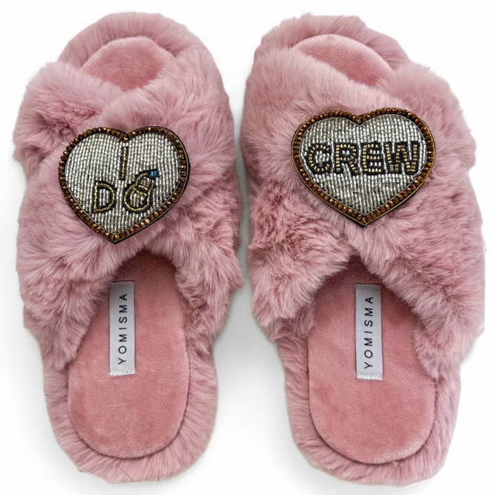 Eco Faux Fur Slippers w/ "I DO CREW" brooch + Gift Box for wholesale by Yomisma