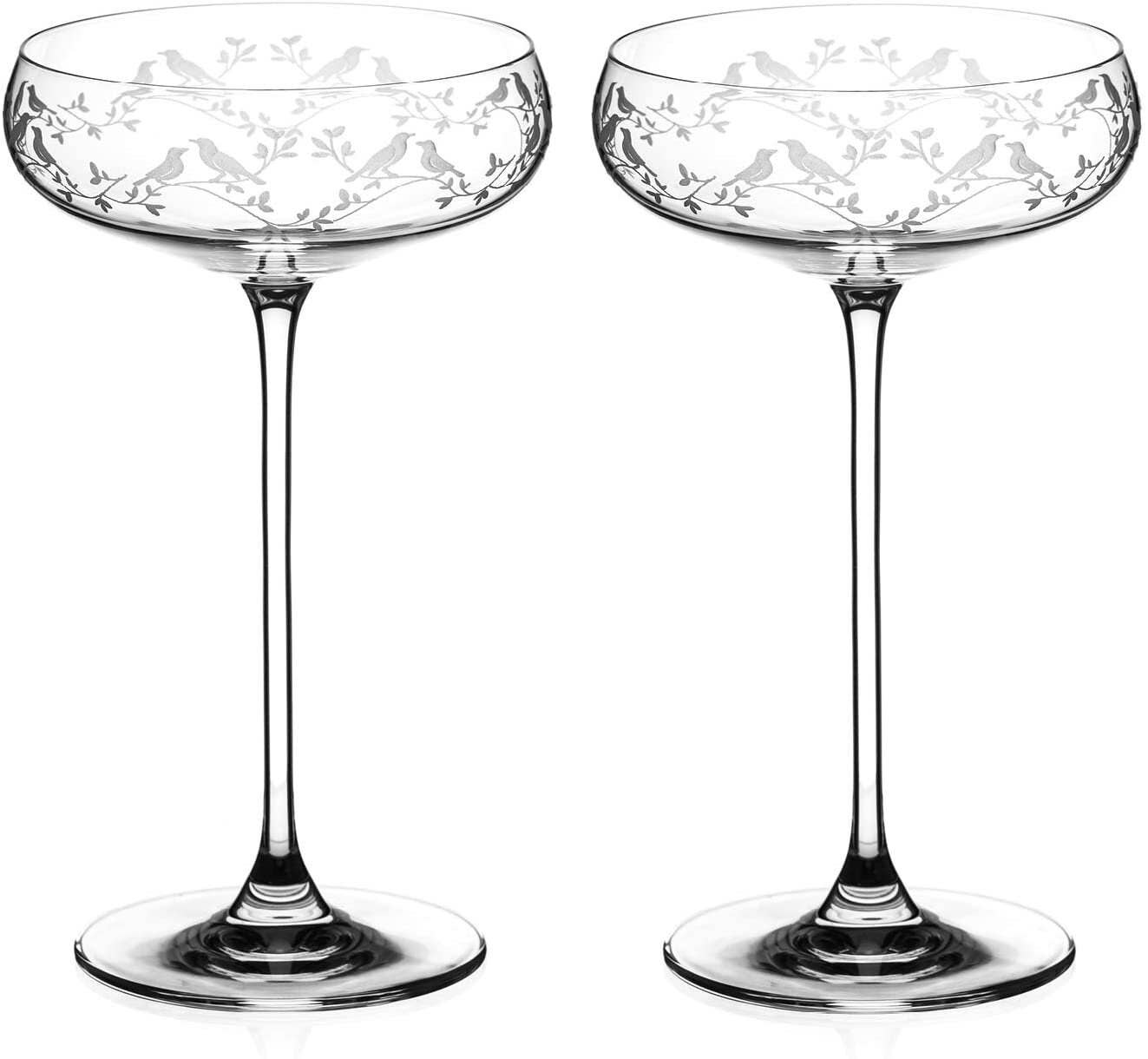 DIAMANTE - Wholesale Cocktail/Liquor Glass - Diamante Champagne Coupes Cocktail Saucers Pair With ‘birds1