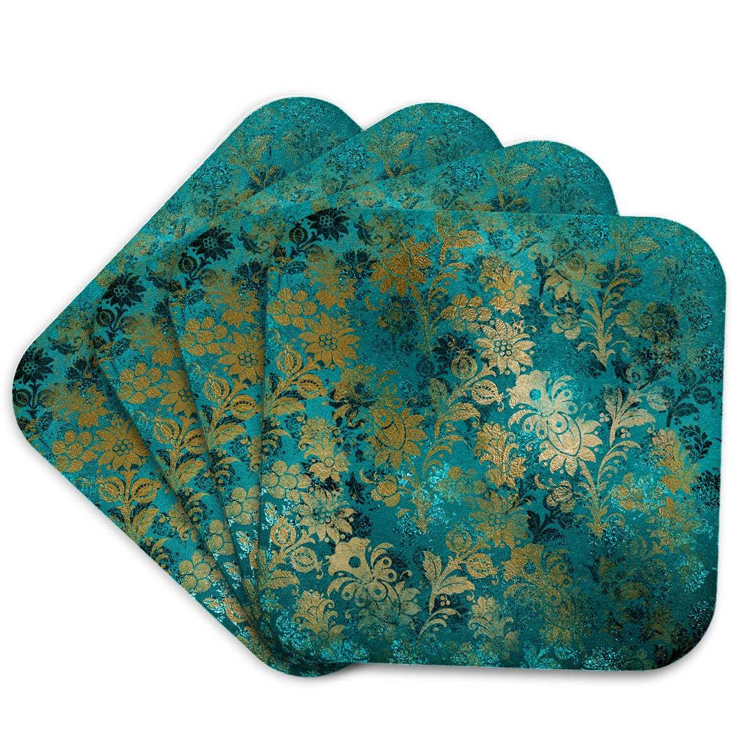 3dRose - Wholesale Coasters - 3dRose, Teal Green and Image Of Gold Art Nouveau Floral Pattern, Coaster7