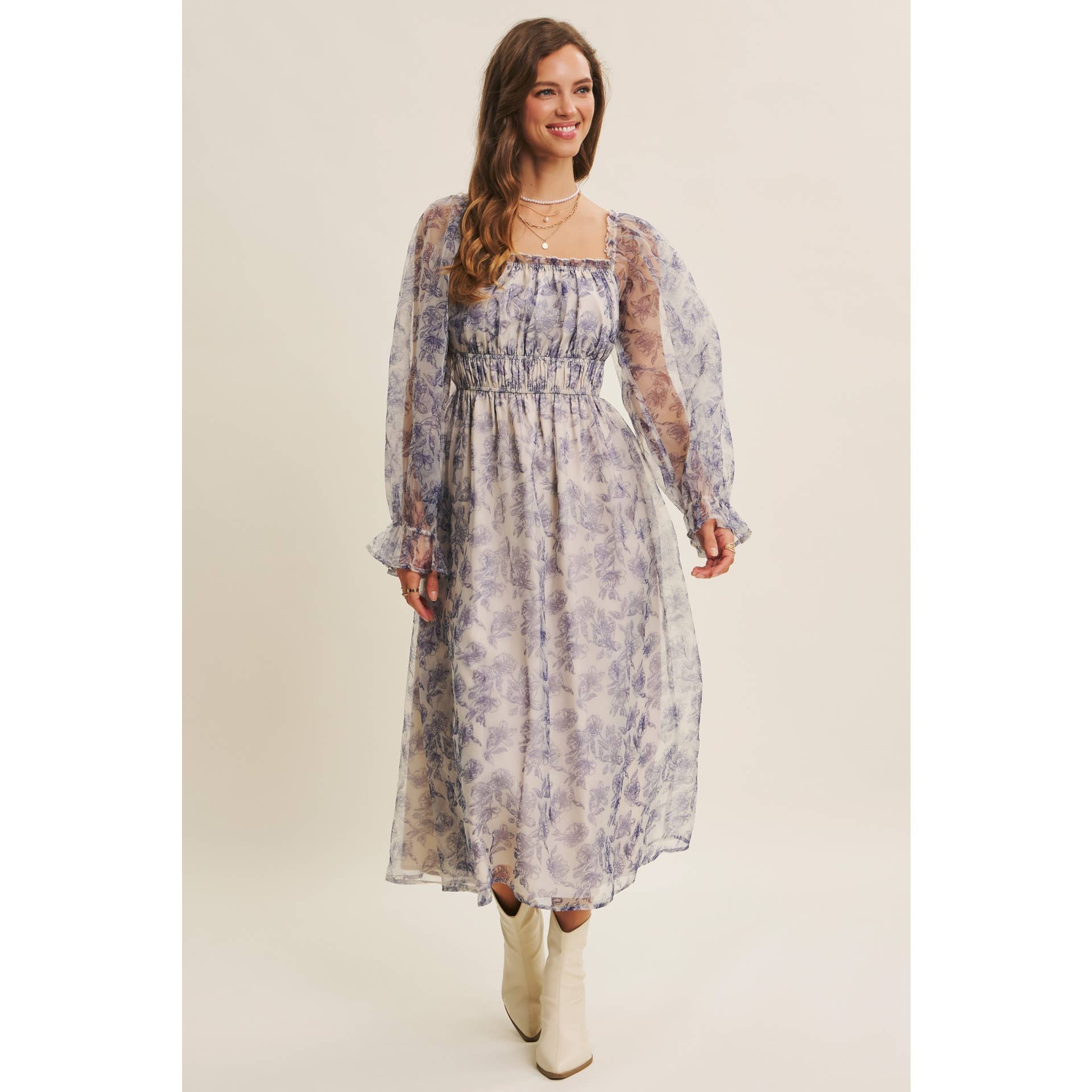 in february - Wholesale Jurk - Dames - ETHERISCHE ELEGANTIE BLOEMIGE ORGANZA MIDI-JURK MET ELASTISCHE TAILLE6