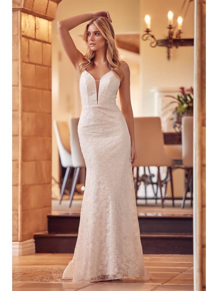 EMBROIDERED LACE WITH STONE ACCENTS FITTED PROM DRESS for wholesale by Juliet