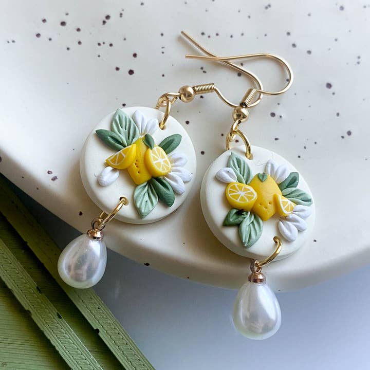 Lemon Blossom Pearl Drop Clay Earrings for wholesale by Peripheral US