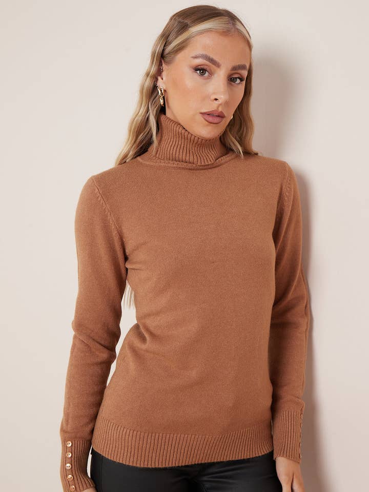 Camel Wool Blend Roll Neck Jumper for wholesale by Aftershock London