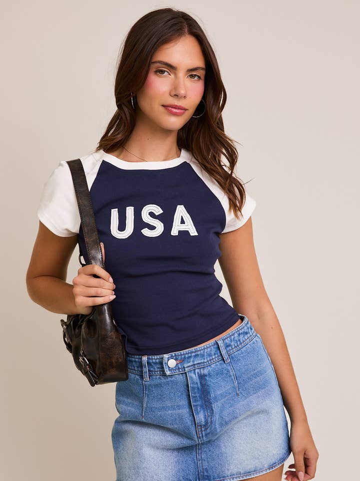 LE LIS - Wholesale Screen Printed T-Shirt - Women's - CAP SLEEVE USA BABY TEE0