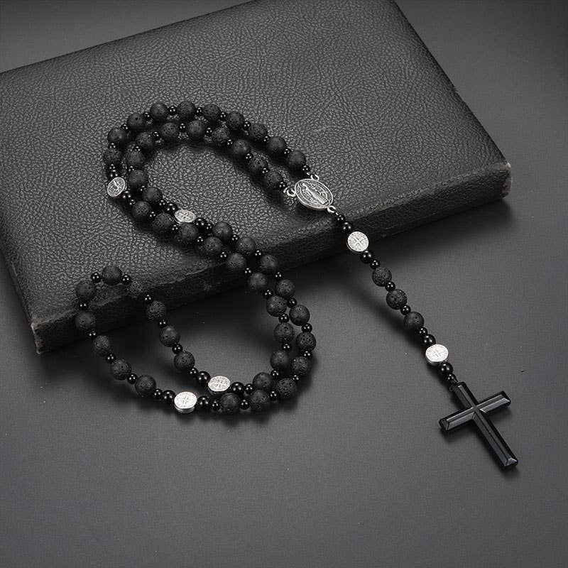 Gemcohub - Wholesale Prayer Beads Necklace - Volcanic Black Gallstone Cross Rosary Necklace6