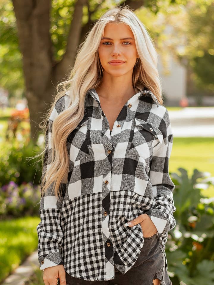 Double Plaid Patchwork Drawstring Hooded Shacket for wholesale by LiveFashionWay