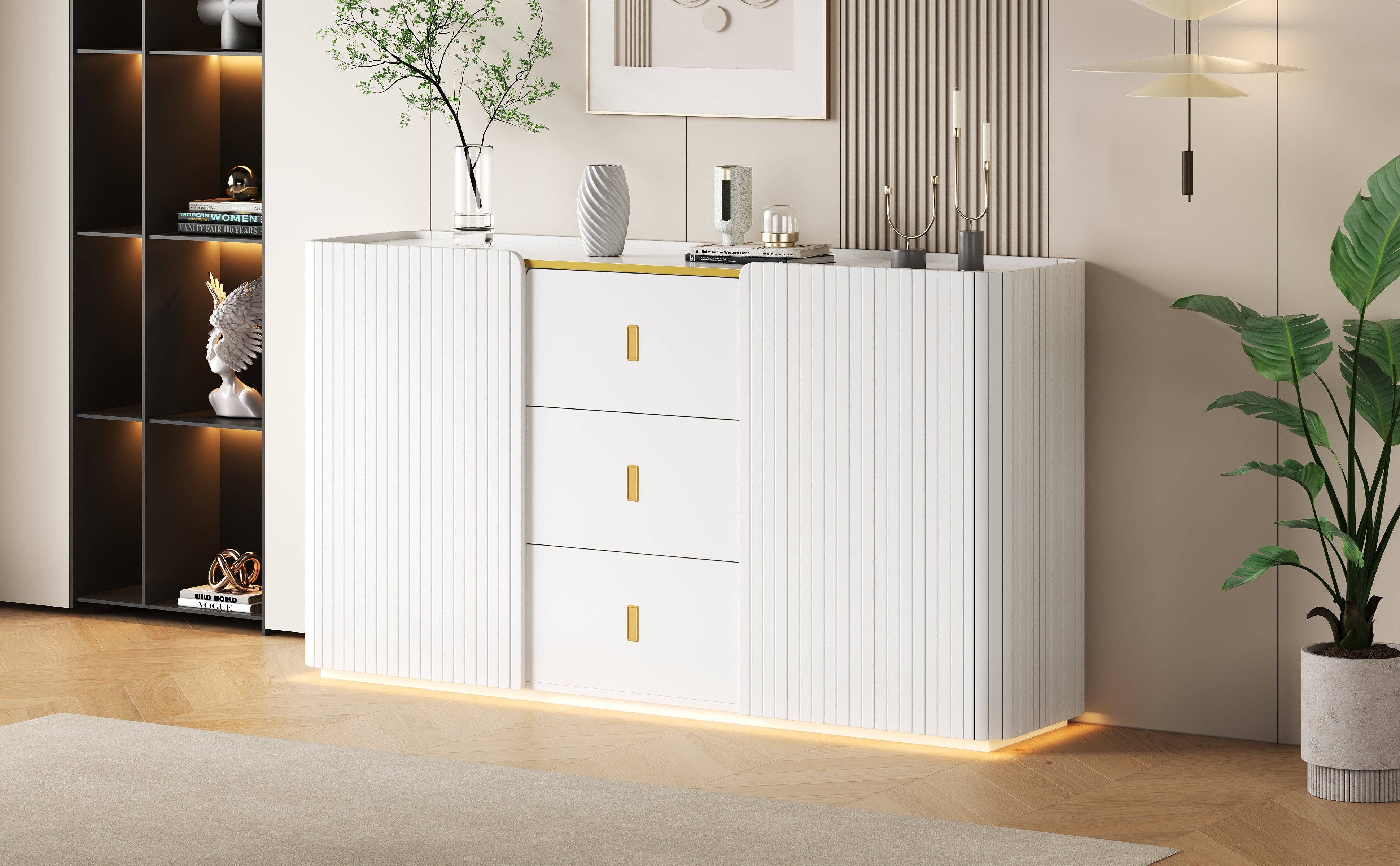 Urban Meuble – Aparador por atacado – Buffet branco elegante 2 portas, 2 gavetas com iluminação LED 150*35*80cm KRAUDREL39