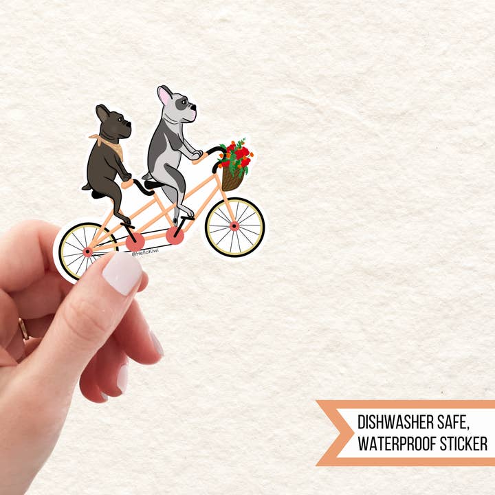 French Bulldogs on Bike Waterproof Sticker, Hand Drawn for wholesale by Hello Kiwi