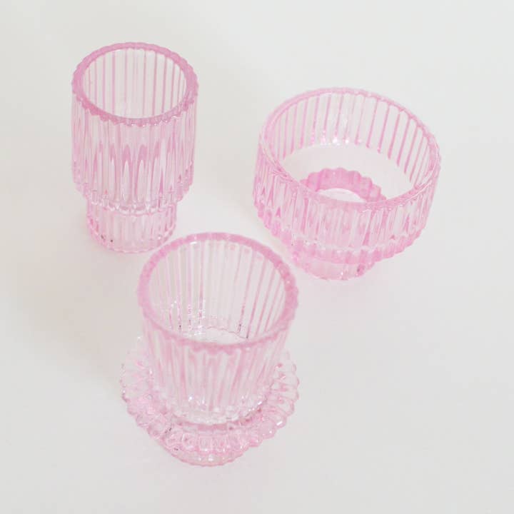 Rose Pink Glass Taper Candle Holder Set for wholesale by Cedar and Myrrh