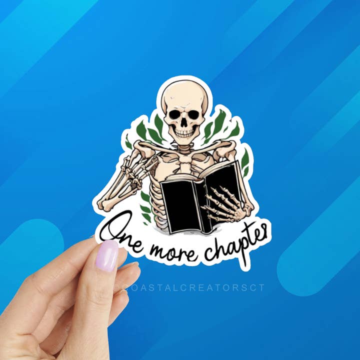One More Chapter Skeleton Laptop Kindle Bottle Sticker for wholesale by Coastal Creators of Connecticut