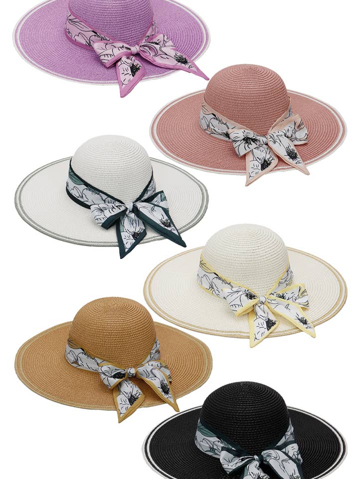 Cappello da sole floppy in paglia a righe con motivo floreale Lily per la vendita all'ingrosso da parte di Cap Zone