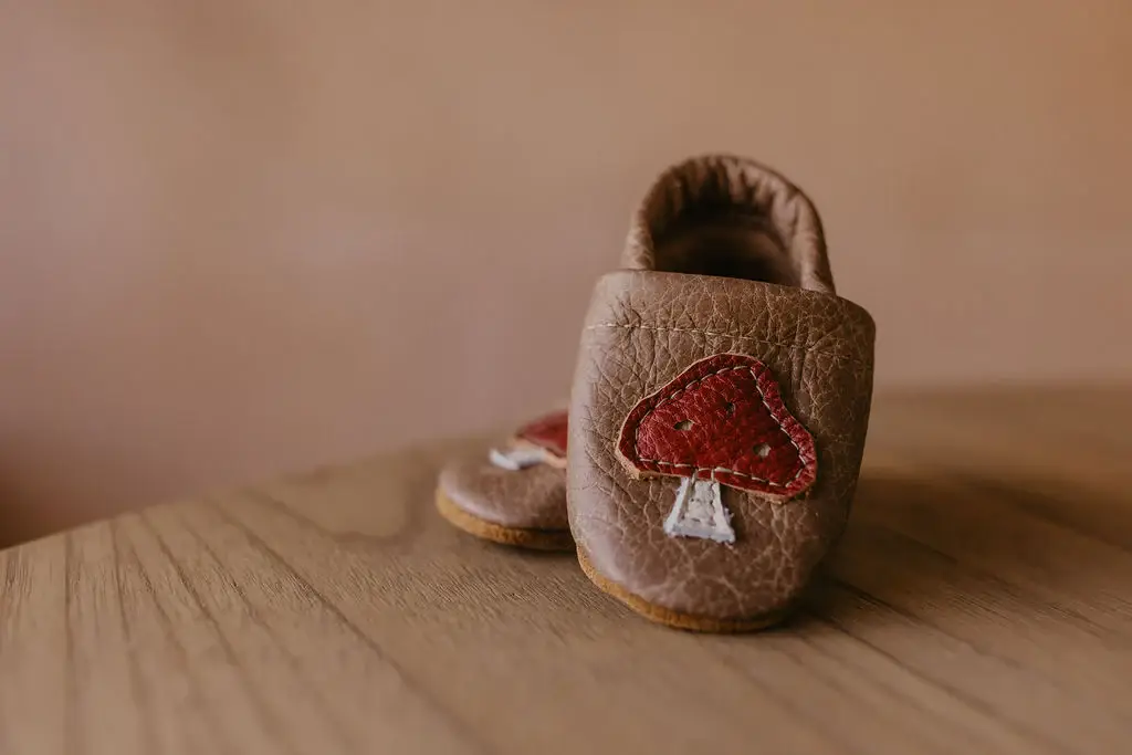 Starry Knight Design - Wholesale Moccasins - Kids - Mushrooms on Chai Leather Shoes Moccs Baby and Toddler3