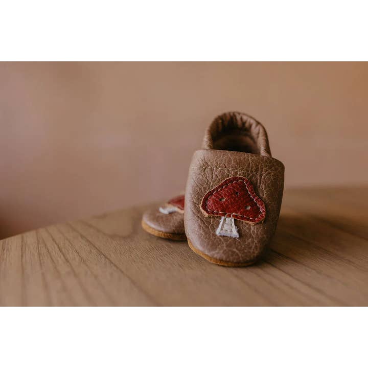 Starry Knight Design - Wholesale Moccasins – Kids - Mushrooms on Chai Leather Shoes Moccs Baby and Toddler3