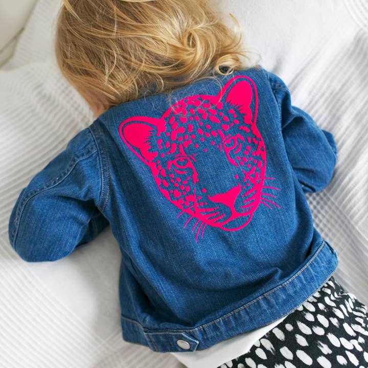 Pink Flock Leopard Childs Denim Jacket for wholesale by Fred & Noah