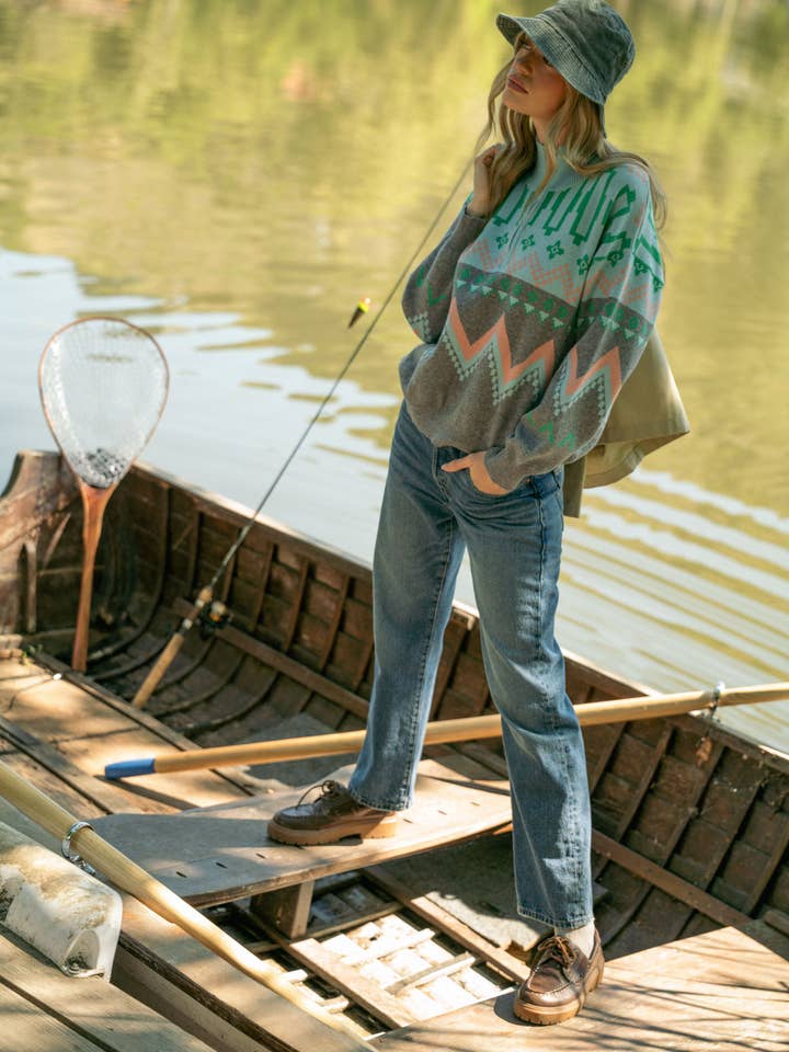 Burgundy Multi GEOMETRIC KNIT MOCK NECK HALF ZIP PULLOVER SWEATER MSW10885 for wholesale on Faire25