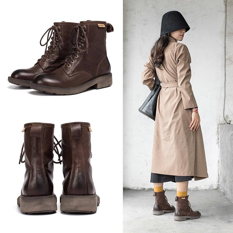 DWARVES – Großhandel Combat Boots – Damen – Modische Kampfstiefel aus Lammfell, Designer-Retro-Reitstiefel, dickes Design, Kaffee/Dunkles Kaffee/Schwarz8