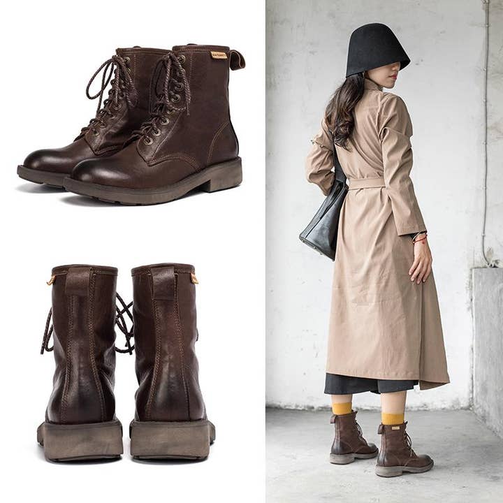 DWARVES – Großhandel Combat Boots – Damen – Modische Kampfstiefel aus Lammfell, Designer-Retro-Reitstiefel, dickes Design, Kaffee/Dunkles Kaffee/Schwarz8