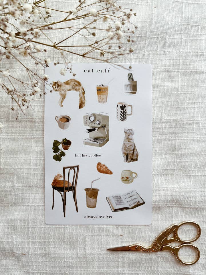 Cat Café Sticker Sheet for wholesale by alwayslovelyco