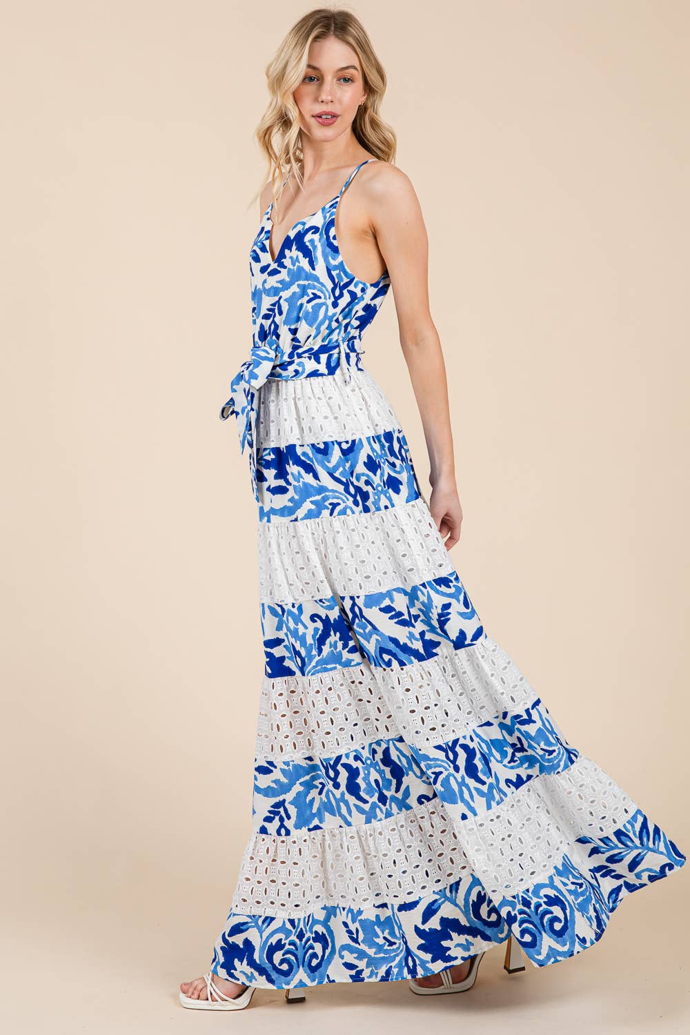 Blue Multi Floral Eyelet Lace Tiered Maxi Sundress, MD51624 for wholesale on Faire1