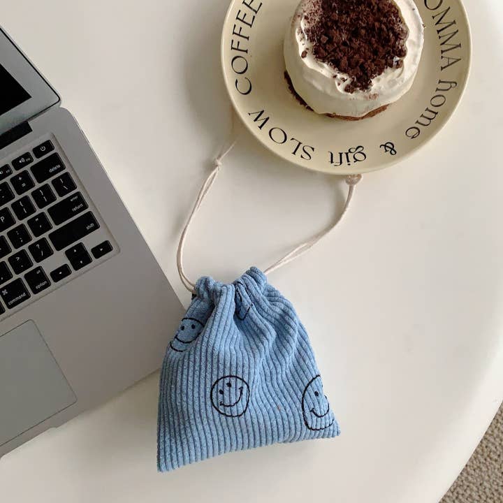 Corduroy  Smiley Face Coin Purse Drawstring Pocket Women for wholesale by wandf