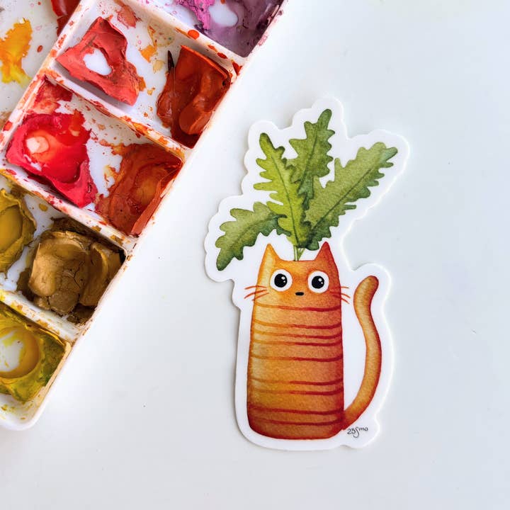Autocolante de Jardinagem de Legumes com Gato e Cenoura por atacado de Owlfeathers Watercolor