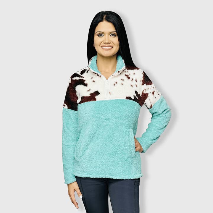 ILTEX Apparel - Wholesale Sweatshirt - Women's - Sherpa Turquoise Brown Cow Pullover Women2