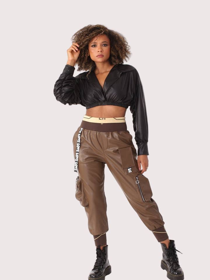 Vegan Leather Cargo Joggers- 81828 for wholesale by For Her NYC