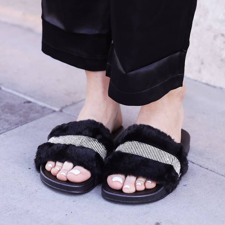 Rhinestone Faux Fur Slippers - Black for wholesale on Faire1
