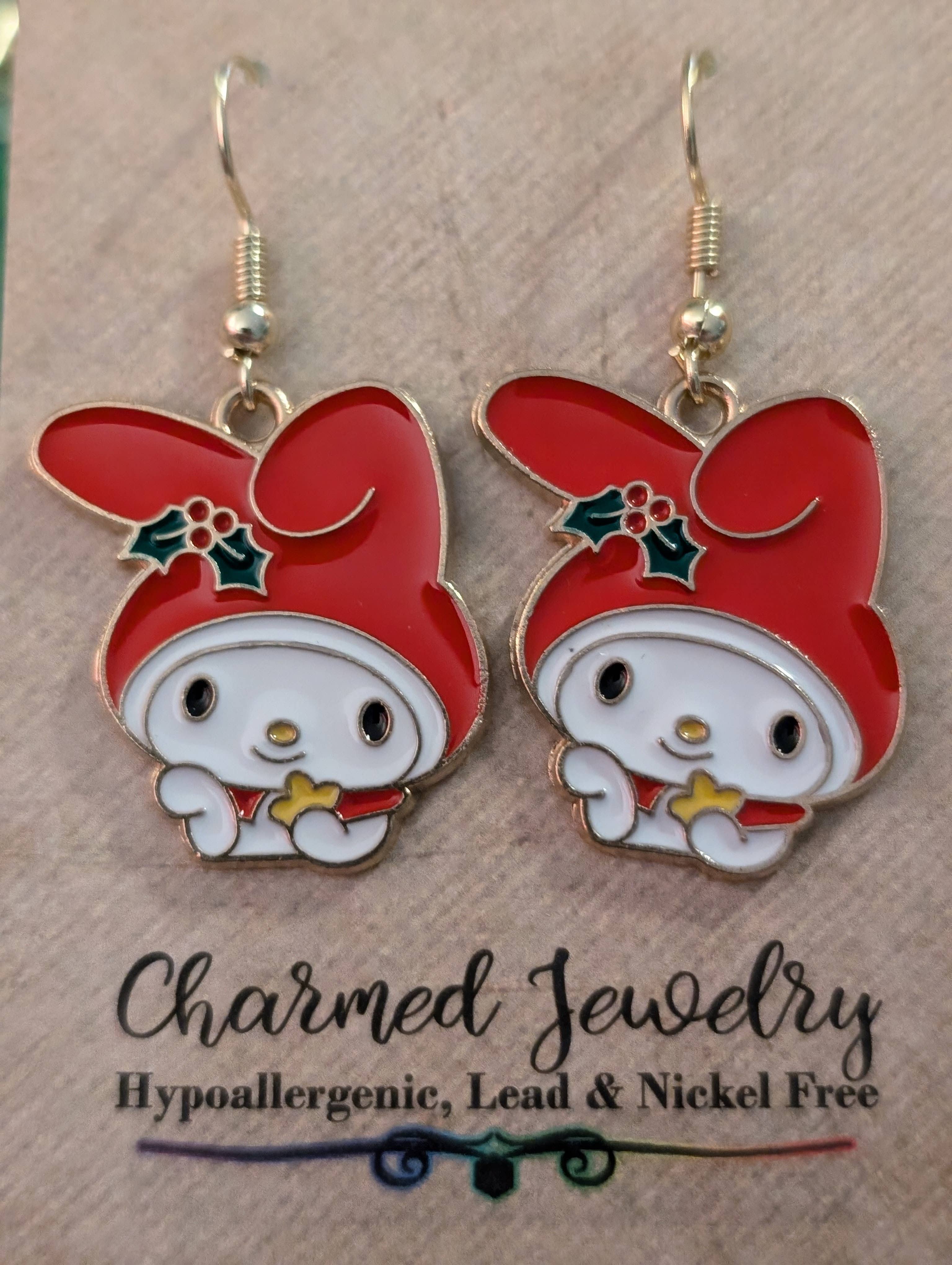 Con-Quest Crafts - Vente Boucles d'oreilles pendantes - Boucles d'oreilles et collier Noël inspirés de Hello Kitty & ses amis6