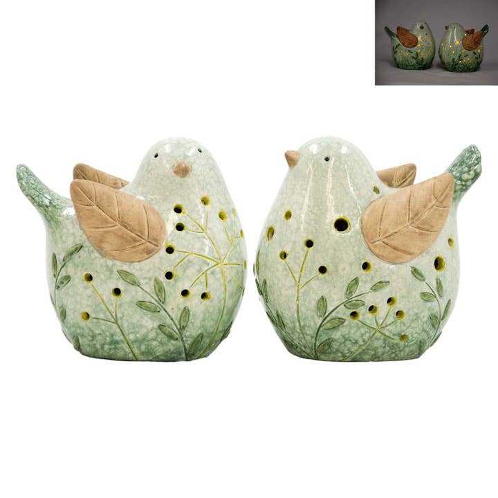 WT Collection - Wholesale Decorative Figurine - 2 Asst Green & Tan Leaf Wing Porcelain Birds