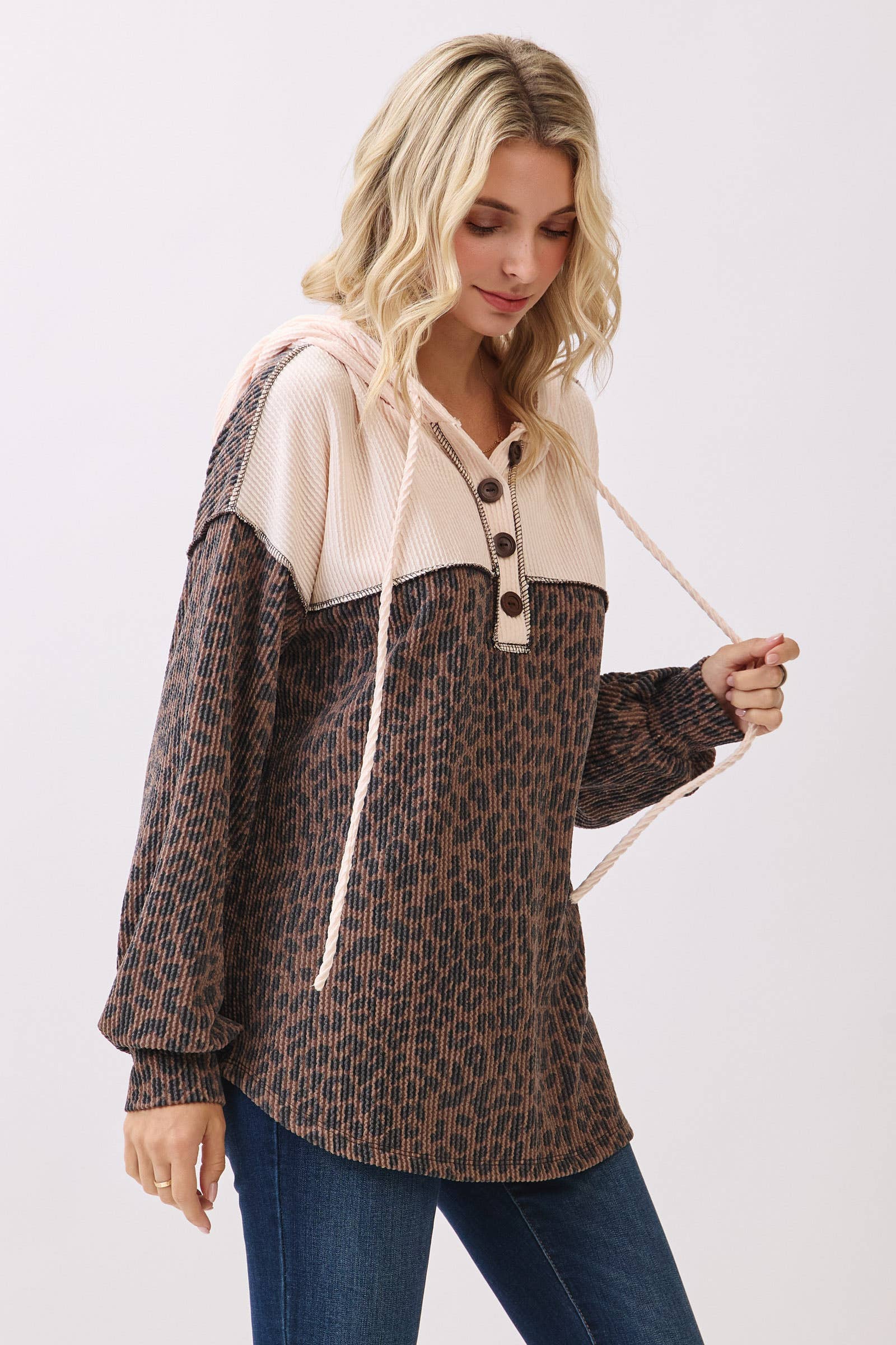 7th Ray - Wholesale Hoodie - Women's - Leopard Print Button Front Drawstring Hoodie T611514