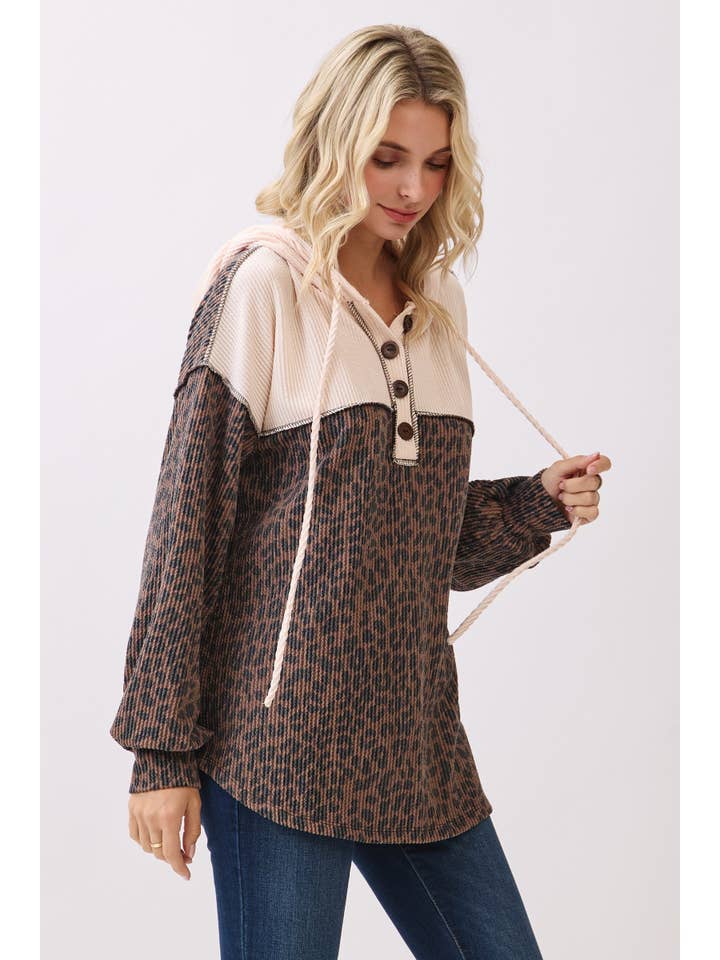 7th Ray - Wholesale Hoodie - Women's - Leopard Print Button Front Drawstring Hoodie T611514