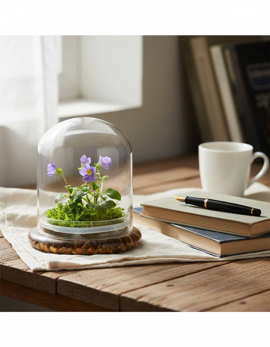 bloomify – Planta viva por atacado – Violeta Persa (Exacum Affine) com Musgo Sundew, Floração All Season, Vidro Cúpula1