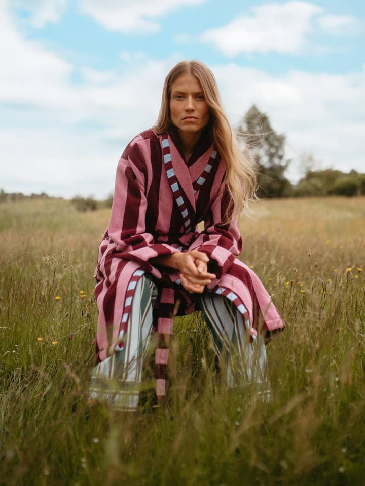 TBCo - Wholesale Robe – Women's - Terry Cotton Bath Robe in Burgundy Stripe1