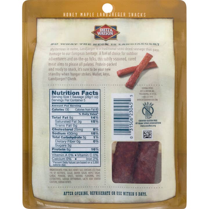 Dietz & Watson - Wholesale Sausage - Dietz & Watson Honey Maple Landjaeger, 5 oz