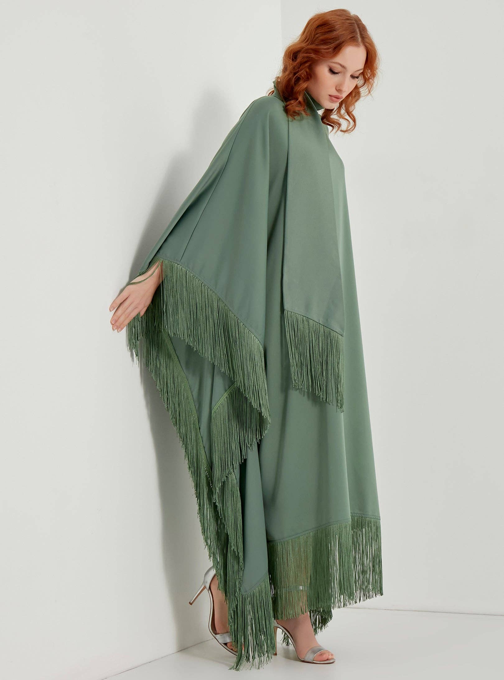 Store WF – wholesale Kaftan – Women's – Mint Fringed Kaftan Dress With Tie Neck Detailed4