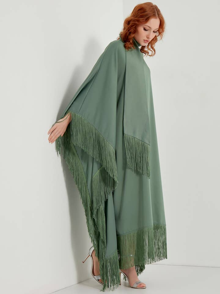 Store WF – wholesale Kaftan – Women's – Mint Fringed Kaftan Dress With Tie Neck Detailed4